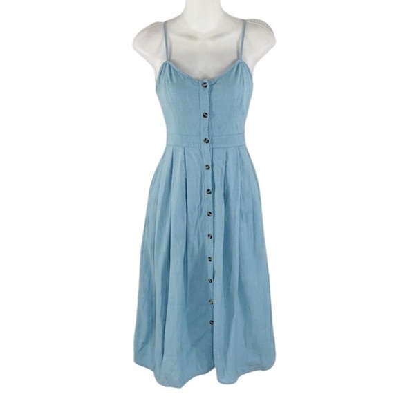 Light Blue Button-Front Linen Blend Midi Dress
